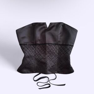 Vintage Y2K Black Satin Beaded Corset Top Lace Up Open Shoulder 90s